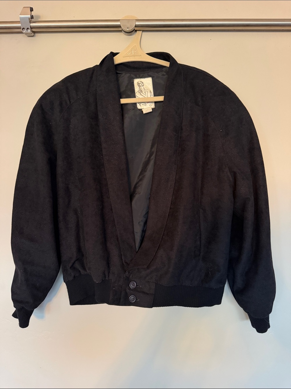 Vintage Touch Classic Black Open-Front Bomber Jacket with Ribbed Hem